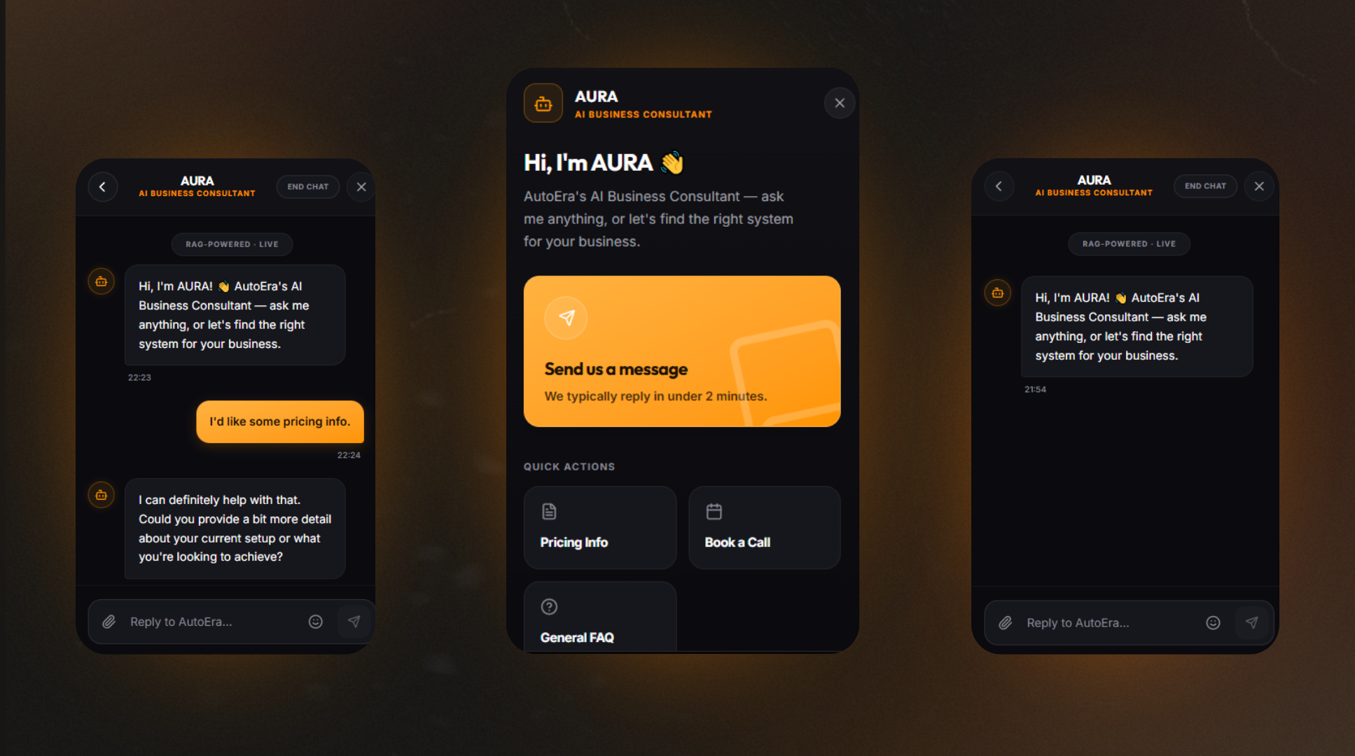 AURA RAG knowledge assistant interface, demonstrating AI agent interaction and internal business data retrieval.